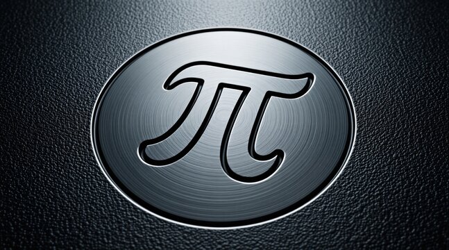 Dark metal surface with engraved pi symbol. Concentric circles add texture and shine. Dramatic lighting highlights metallic relief. Use for math or science themes.