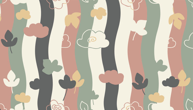 Retro seamless pattern with abstract vertical wavy stripes, fall leaves, and clouds in muted natural colors.