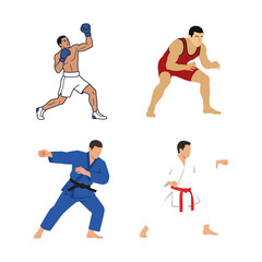 Obraz premium Collection of Martial Arts and Combat Sports Athletes Performing Various Fighting Techniques and Disciplines