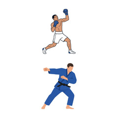 Obraz premium Two Professional Martial Arts Athletes Performing Combat Sport Techniques And Fighting Poses Illustration