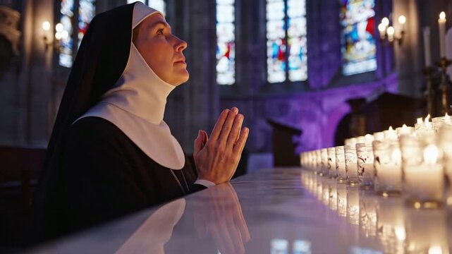 Devout Nun Praying in Sacred Cathedral with Glowing Candlelight
