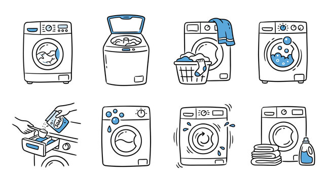 Collection of washing machine icons and usage illustrations