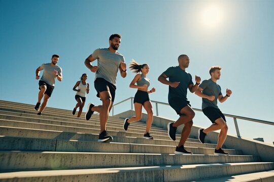 Group of diverse young athletes run up urban stairs together during morning cardio training. Active men, women wear sportswear perform fitness routine for body health. Friends exercise outside on