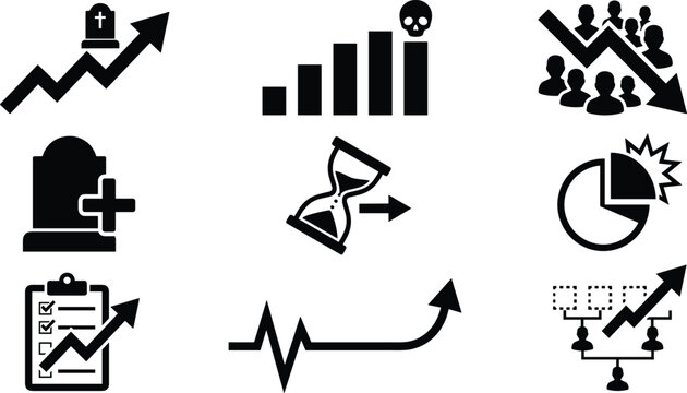 Mortality rate population decline demographics and life expectancy statistics solid glyph vector icon set on white