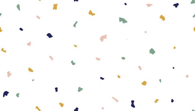 Trendy abstract terrazzo seamless pattern featuring colorful stone chips in pastel tones on a white background.