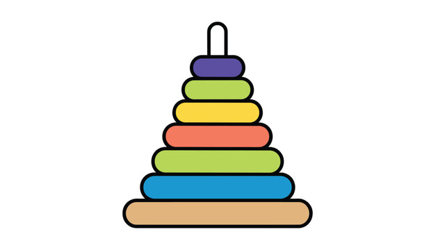 Colorful classic plastic baby pyramid toy with rings of different colors isolated on a white background.