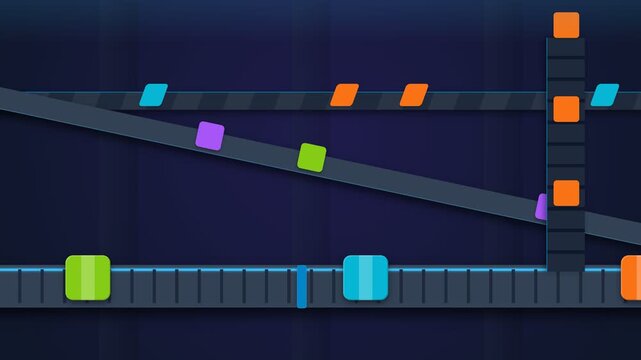 Animated Conveyor Belt System with Colorful Geometric Blocks Moving Through Industrial Processing.