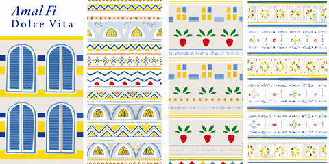 italian coastal illustrations with lemon and carrots vector pattern windows arches vegetables fruit design graphic art blue yellow red green © Ripan
