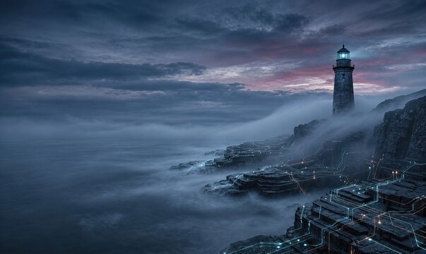 AI startup uncertainty visualized by a lighthouse in fog