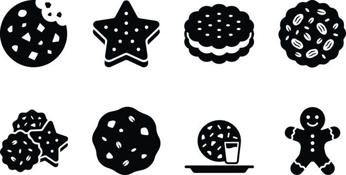 Sweet cookies bakery biscuits gingerbread man and chocolate chip snack solid glyph vector icon set on white