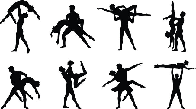Acrobatic dance partner silhouettes collection featuring ballet lifts and contemporary performance poses