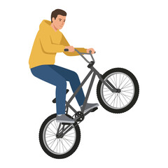 Obraz premium Young Man Performing a Skilled Wheelie Stunt on a BMX Bicycle Isolated on White Background