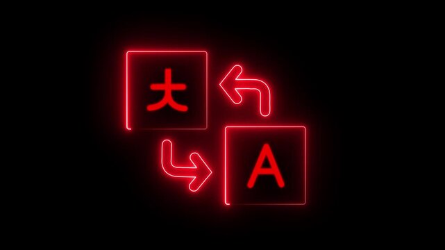 Language Translation Icon with Glowing Purple Neon Lines: Foreign Vocabulary Interpreter Sign, Global Communication Symbol, and Digital Education App Graphic Asset on Black Background..