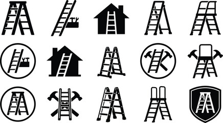 Fototapeta premium Ladder home repair construction service handyman and house renovation solid glyph vector icon set on white