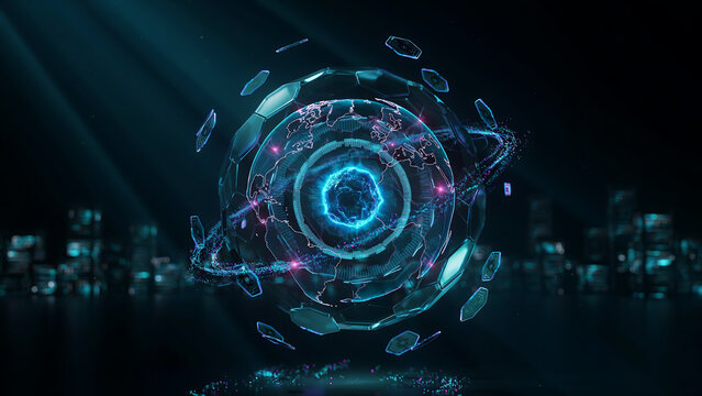 Global network connection technology with spinning digital earth and abstract futuristic city background.