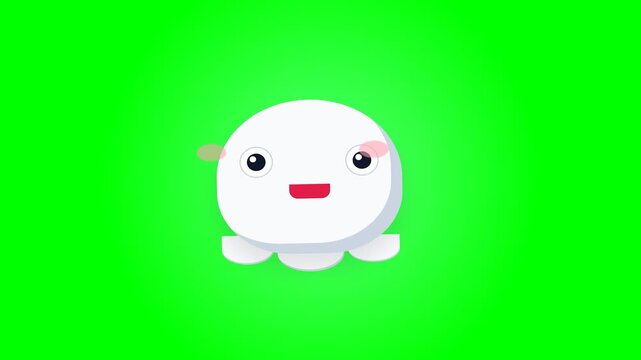 Cute Animated White Blob Character Dancing on Green Screen Background.