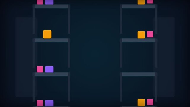 Animated Robot Sorting Colorful Blocks on Shelves in a Digital Puzzle Game.