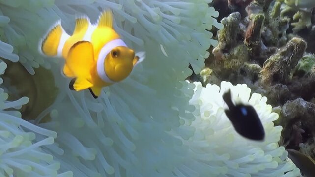 A lively group of Clownfish gracefully dances around a white Anemone in the shimmering depths of the ocean. A smaller, darker fish joins them, creating a charming underwater ballet.
