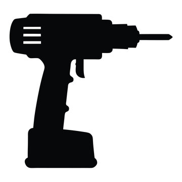Electric power drill silhouette vector, cordless screwdriver tool icon, black construction hardware graphic for home improvement and repair