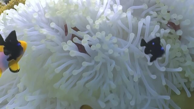 A playful Clownfish interacts with a black fish near a white Anemone. Tentacles sway gently in the current during this aquatic ballet.