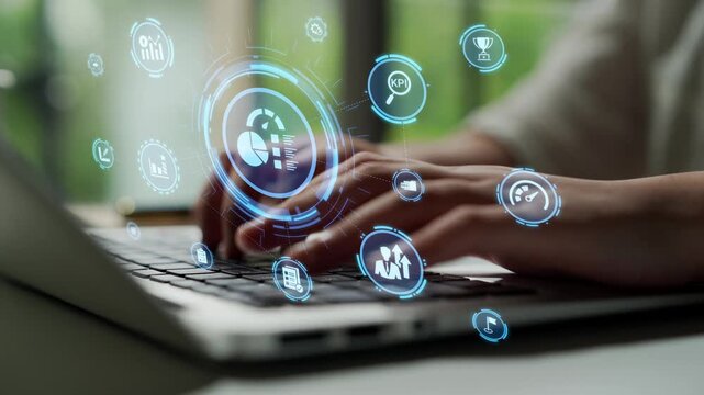 KPI icons show performance metrics, goals, and achievement measurement. KPI helps business track progress, KPI supports management, and KPI improves strategy results. Funnel