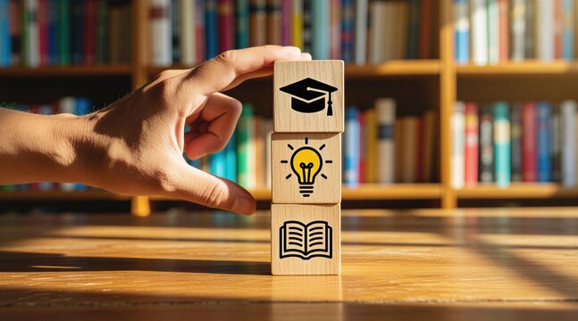 Person builds tower with wooden blocks on library desk. Cubes show graduation cap bulb, open book icons. Human hand stacks strategy items for learning growth development concept. Student plans