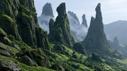 Obraz premium Tall jagged moss-covered rock peaks rising from lush green grassy mountain slope with soft morning mist floating between tall rocky cliffs