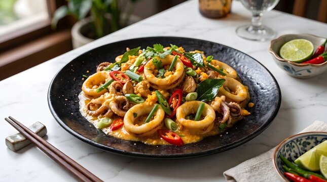 traditional Southern Thai Cuisine designed with elegant food styling, Spicy Thai Calamari Stir-Fry with Fresh Vegetables and Herbs on Black Plate in Sunlit Dining Setting
