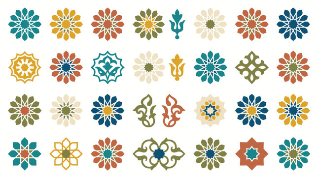 Islamic geometric vector ornaments and traditional arabesque pattern design set