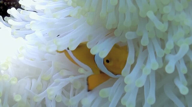 A vibrant orange clownfish seeks solace, snuggling deep within the protective embrace of its white anemone home. Sunlight dances on the water as the fish rests calmly.