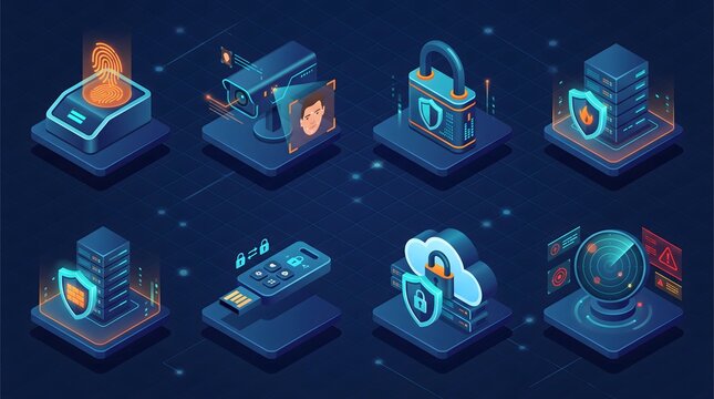 Isometric Cyber Security and Data Privacy Protection Icons Collection Featuring Network Defense Encryption and Digital Safety Systems