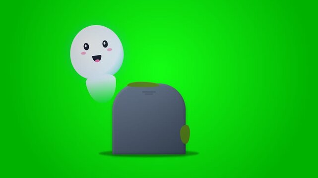 Cute Cartoon Ghost Floating Above a Gravestone on Green Screen.