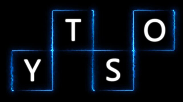 Cyberpunk Neon Letter Cubes Layout: Abstract Futuristic Crossword Grid, Creative Technology Text Typography Sign, and Scrabble Gaming Interface Overlay for Tech Video Presentation.