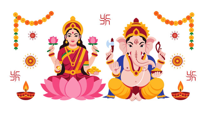 Vibrant illustration of Hindu deities Lakshmi and Ganesha with traditional Diwali decorations, symbolizing prosperity and wisdom.