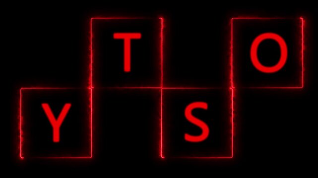 Cyberpunk Neon Letter Cubes Layout: Abstract Futuristic Crossword Grid, Creative Technology Text Typography Sign, and Scrabble Gaming Interface Overlay for Tech Video Presentation.