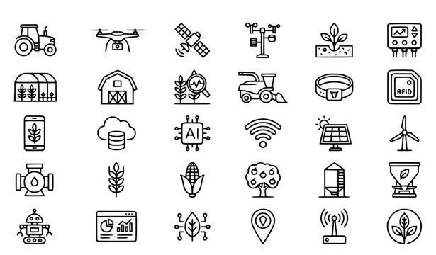 Smart Farming Precision Agriculture Outline Icon Collection Editable Stroke Linear Vector Illustration