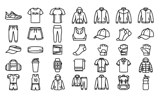 Modern Sportswear and Fitness Clothing Outline Icons Editable Stroke Linear Vector Set