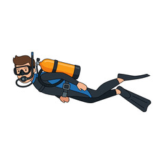 Cartoon Illustration of a Scuba Diver Swimming Underwater with Oxygen Tank and Fins © adi_nur_f