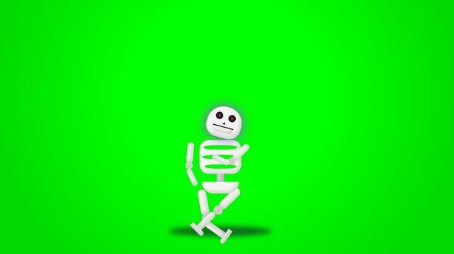 Funny Cartoon Skeleton Character Dancing on Green Screen Background.