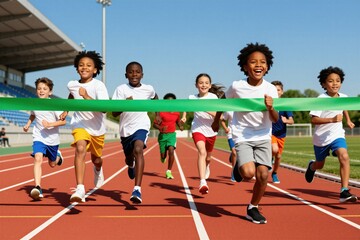 Fototapeta premium Diverse happy school children run fast on athletic stadium track. Young boys, girls sprint towards finish line breaking green ribbon. Joyful kids compete in outdoor race event. Smiling athletes reach