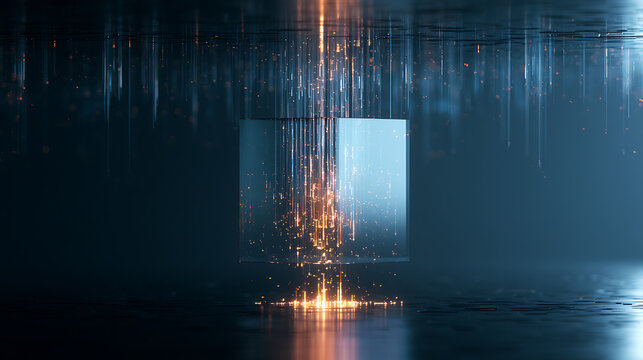 A futuristic quantum computer with glowing qubits floating in a dark room
