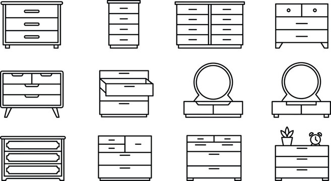 Chest of drawers dresser wardrobe home furniture storage mirror vanity table line vector icon set on white