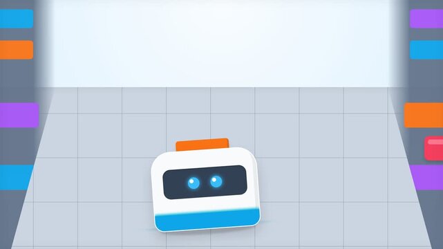 Animated Robot Character Moving Through Colorful Abstract Geometric Obstacles.