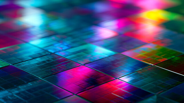 Close-up of a silicon wafer with intricate microchip patterns under bright light (2)