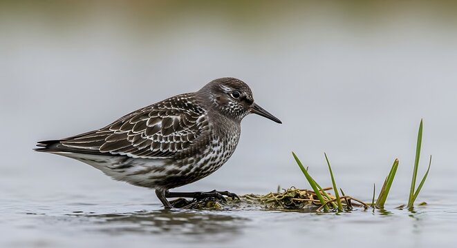 Brown speckled sandpiper wading in shallow water.
