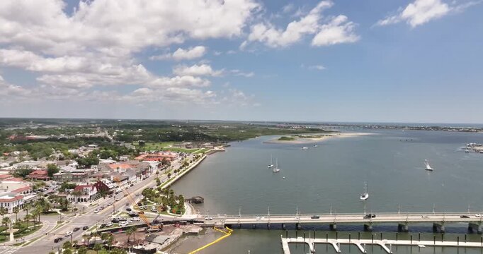  Aerial Drone Footage of Downtown St. Augustine Florida, Bridge of Lions and Matanzas Bay on Blue Sky Day&rdquo; Stunning aerial drone footage of downtown St. Augustine, Florida on a clear blue sky day. The
