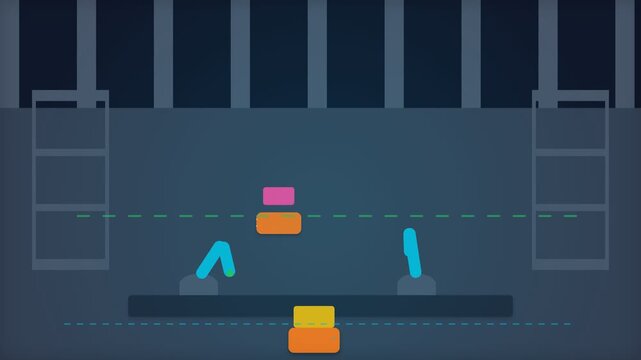 Automated Industrial Robotic Arm Sorting Colored Blocks on Factory Conveyor Belt.