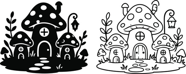Obraz premium Cute mushroom house with door and windows in a forest