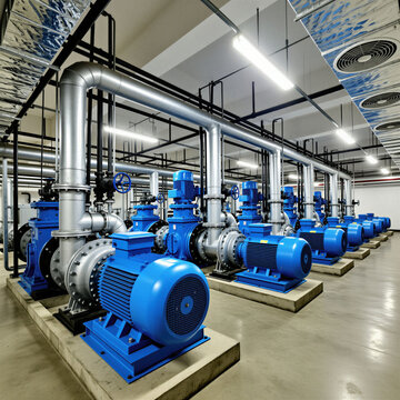 Large industrial room with rows of blue pumps and metal pipes. Motors and water systems create complex engineering infrastructure for industrial cooling.