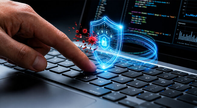 Cybersecurity Protection Shield Blocking Malware Attacks on Laptop Keyboard with Secure Data Encryption